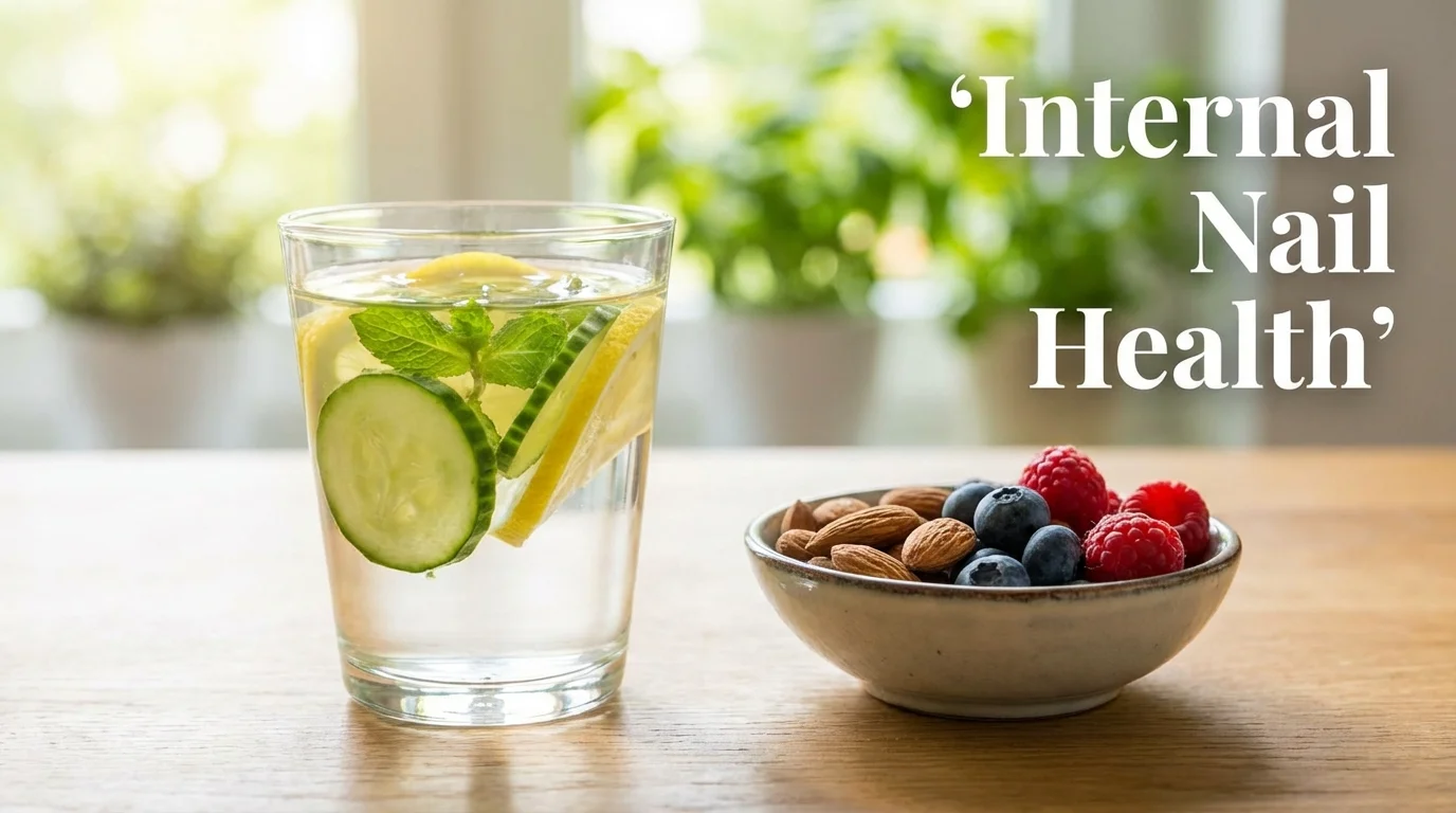 Healthy snacks and water representing nutritional support for nail growth.