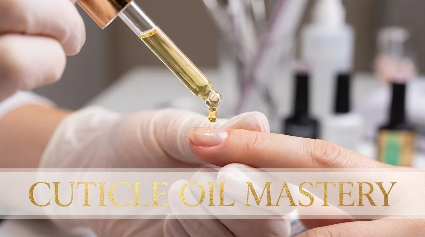 Close-up of cuticle oil application on a clean nail.