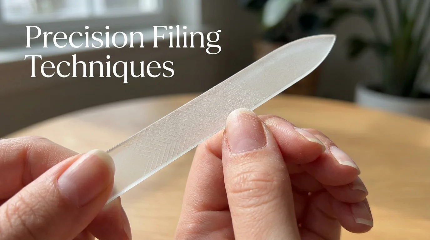 Glass nail file shaping a natural nail.