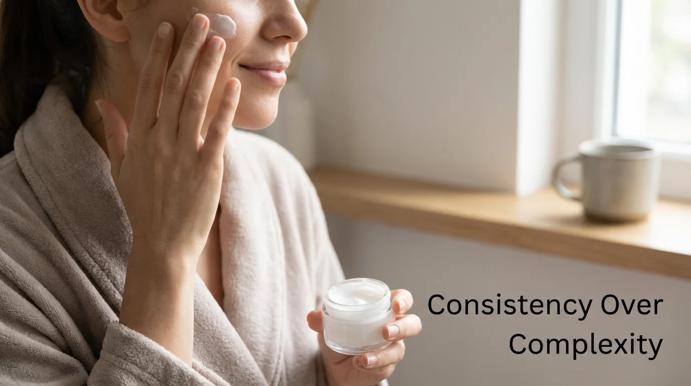 Person applying moisturizer consistently as part of a daily skincare habit.