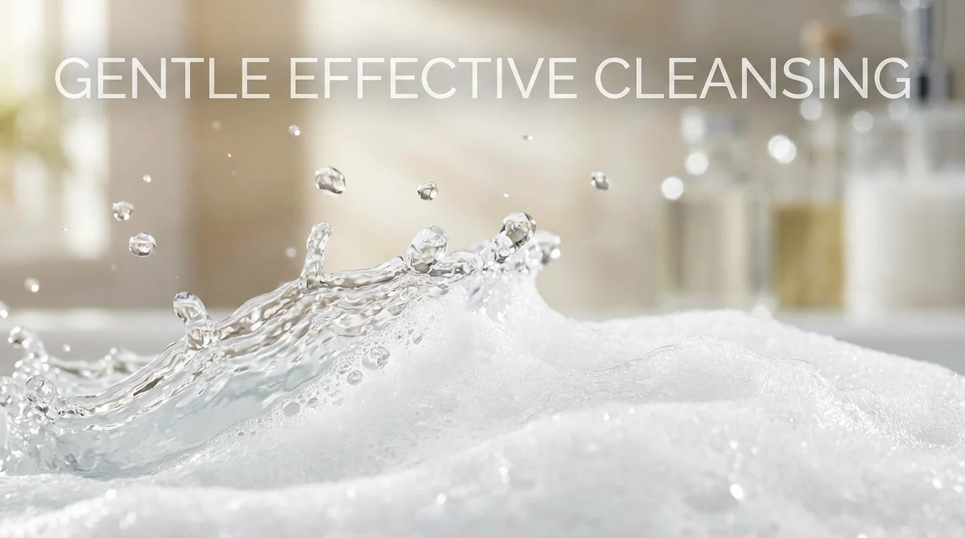 Water and cleanser bubbles representing a gentle daily skincare habit.