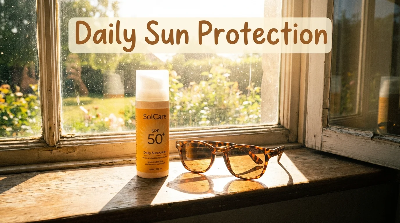 Sunscreen and sunglasses on a windowsill highlighting daily UV protection habits.