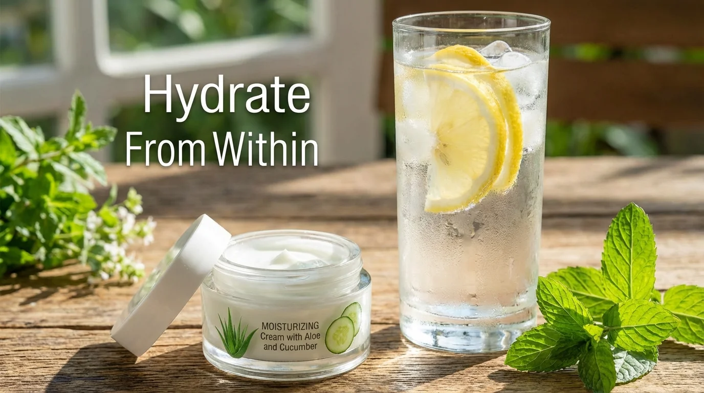 Water and moisturizer representing the habit of internal and external hydration.