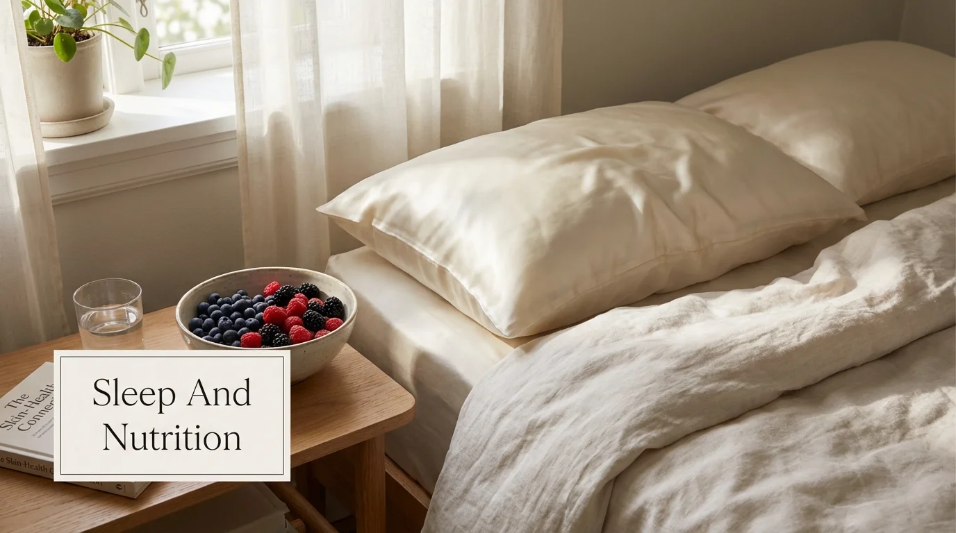 Silk pillowcase and berries representing lifestyle habits for skin health.