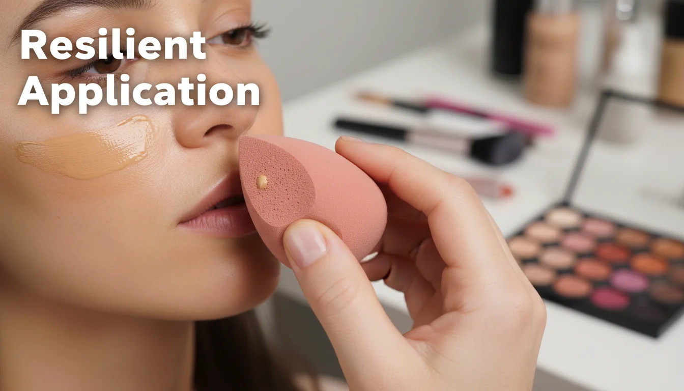 Demonstrating the stippling technique with a makeup sponge for flawless foundation coverage.