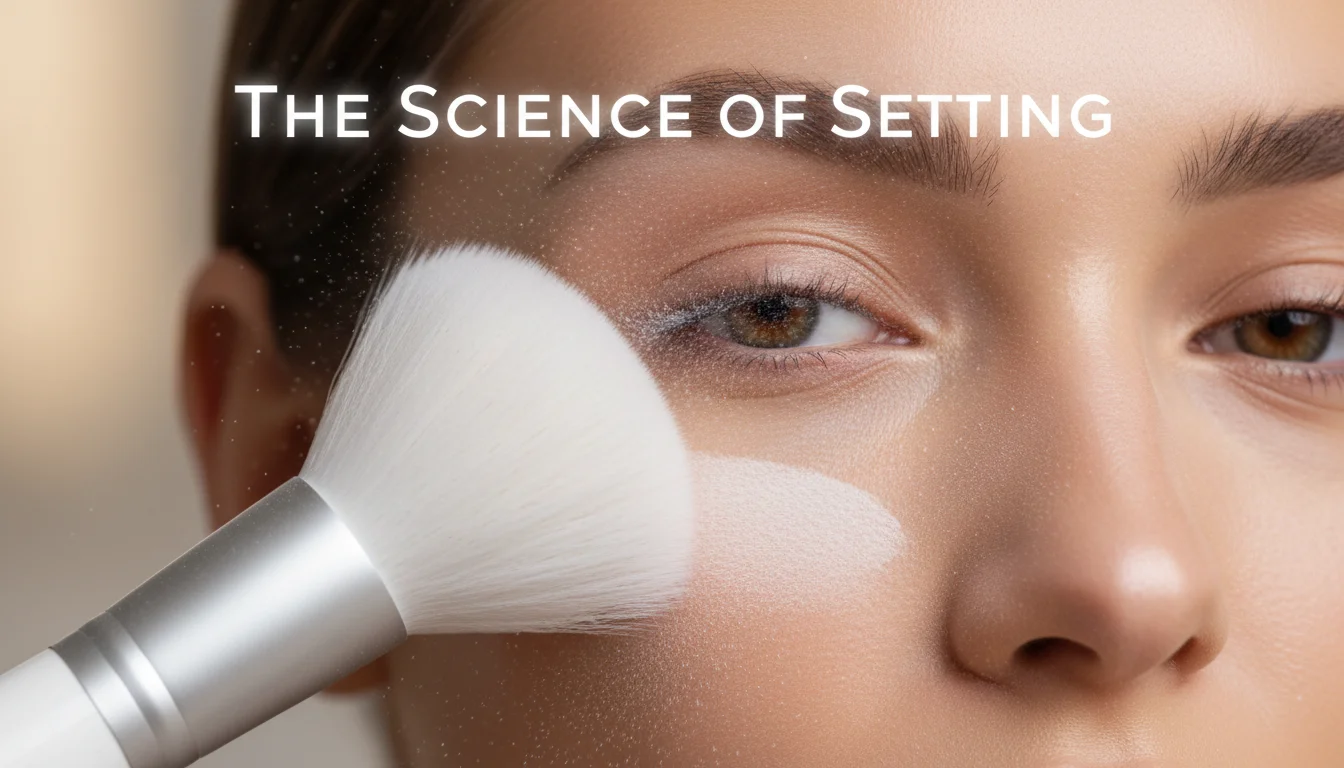 Applying translucent setting powder to the face to lock in makeup.