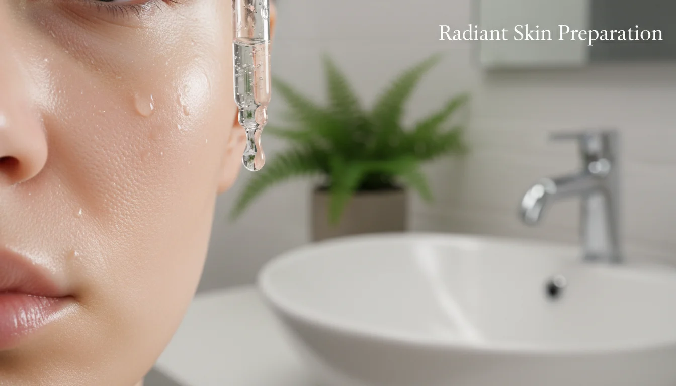 Person applying serum to glowing skin for makeup preparation.