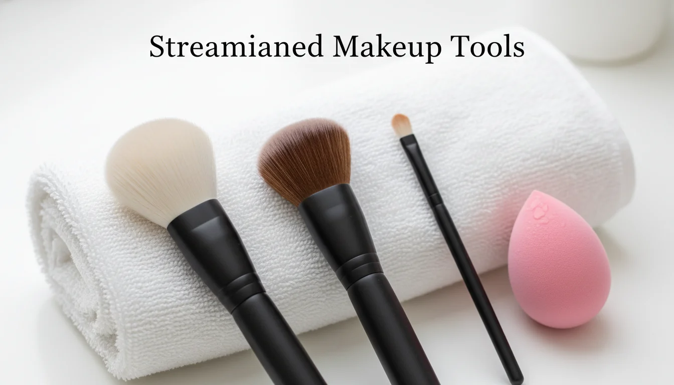 Curated set of essential makeup brushes and a beauty sponge.