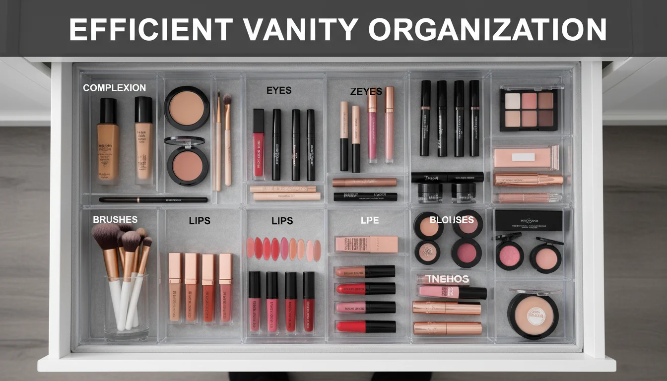 Organized makeup vanity with clear dividers for easy access.