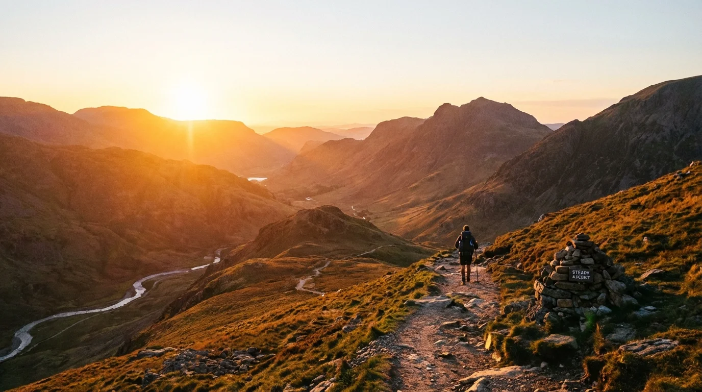 A person walking steadily up a mountain path at sunset, symbolizing long-term progress and personal excellence.