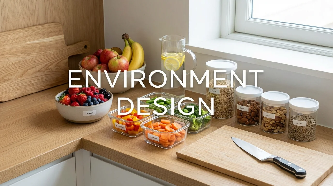 An organized kitchen showing meal prep as a way to reduce friction for consistent healthy habits.