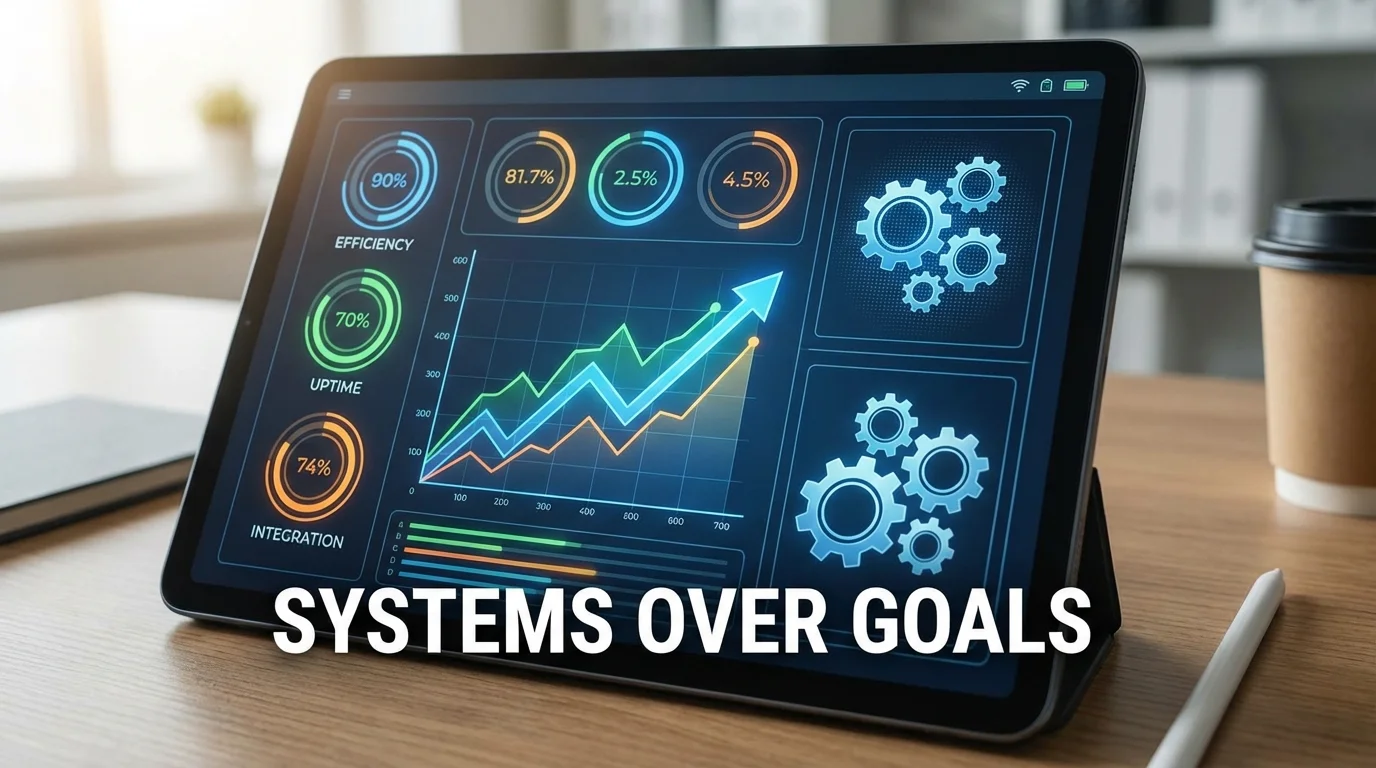 A digital interface with metrics and gears representing the concept of systems over goals.