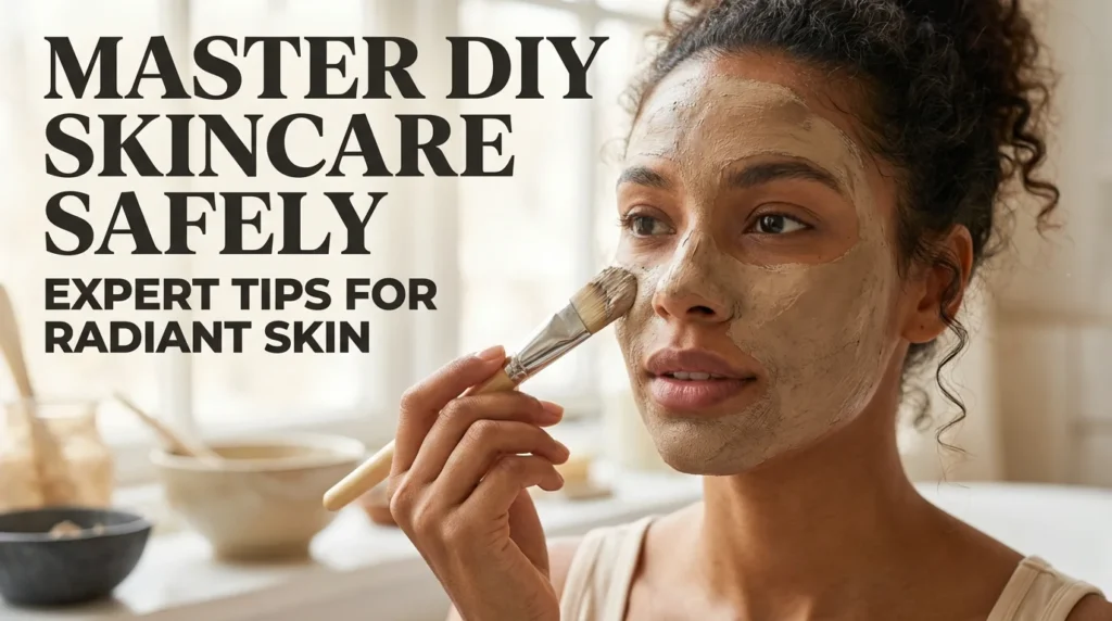 A person applying a natural DIY face mask made of honey and yogurt with fresh ingredients like turmeric and oats in the background