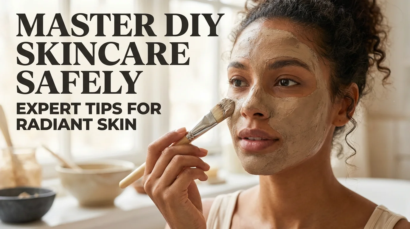 A person applying a natural DIY face mask made of honey and yogurt with fresh ingredients like turmeric and oats in the background