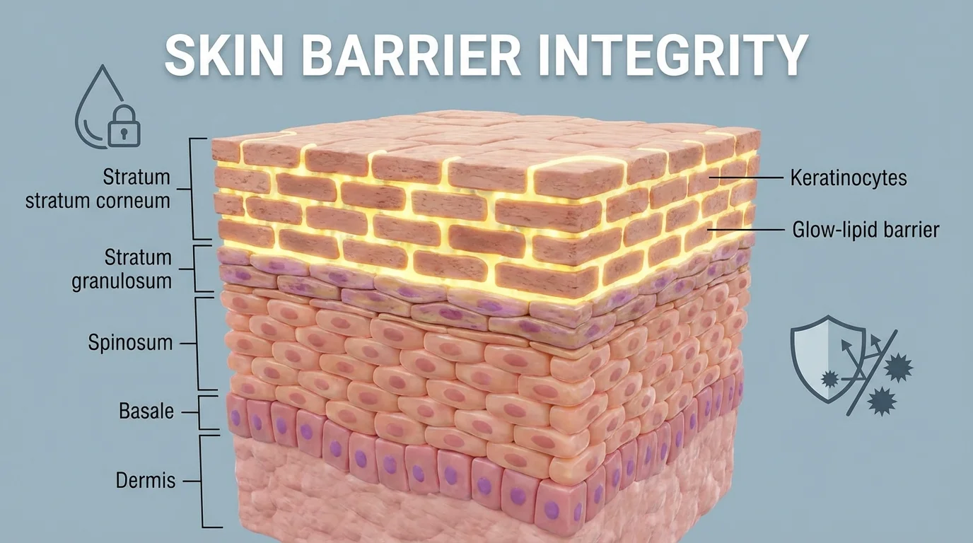Scientific illustration of the human skin barrier layers.