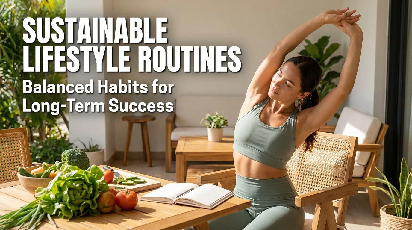 A person peacefully enjoying a balanced morning routine with a healthy breakfast and a planner, reflecting sustainable lifestyle habits.