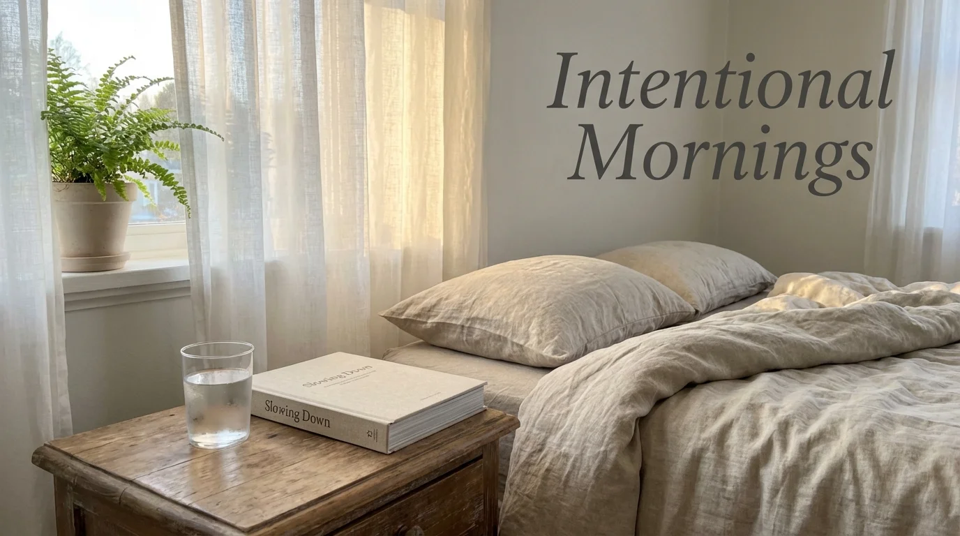 A peaceful morning setting with a glass of water and a book.