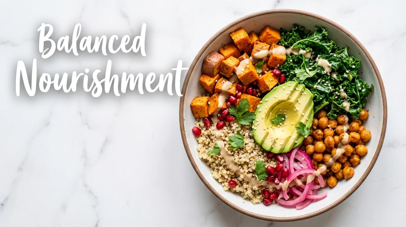 A healthy, colorful grain bowl representing balanced nutrition.