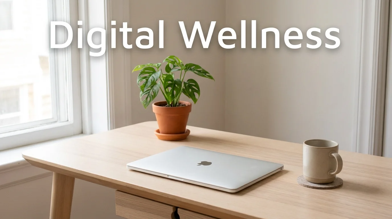 A minimalist workspace with a closed laptop and a plant.