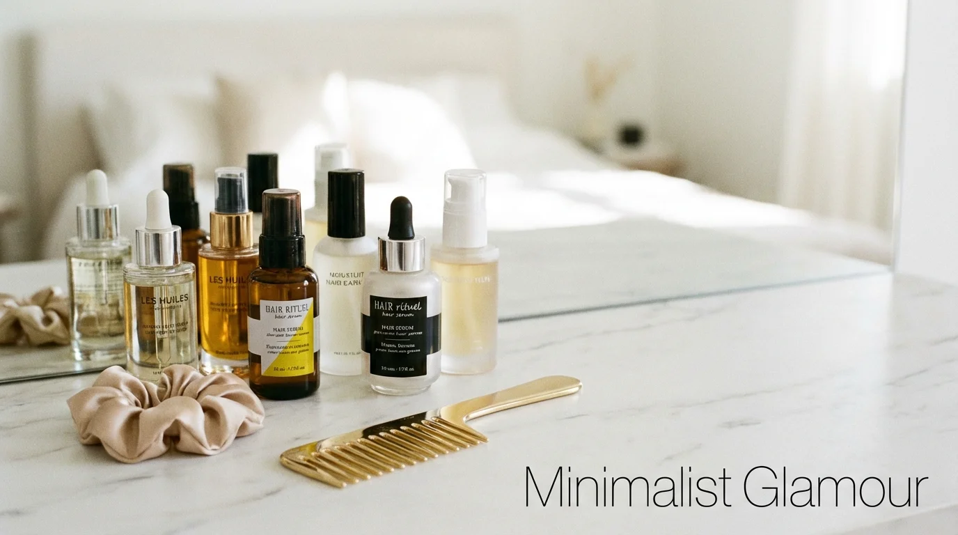 Professional hair care products and accessories on a marble surface.