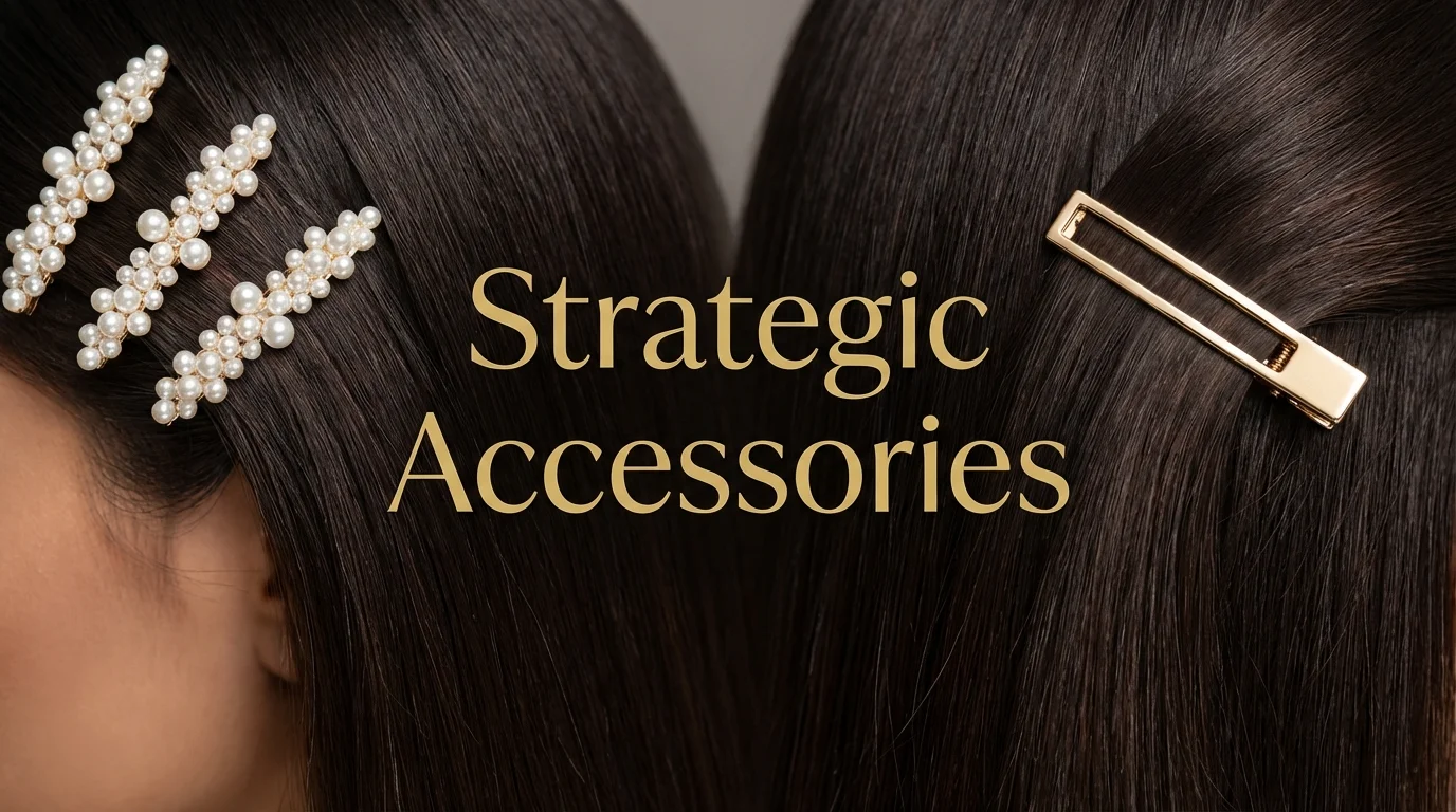 Decorative hair accessories including pearls and gold clips.