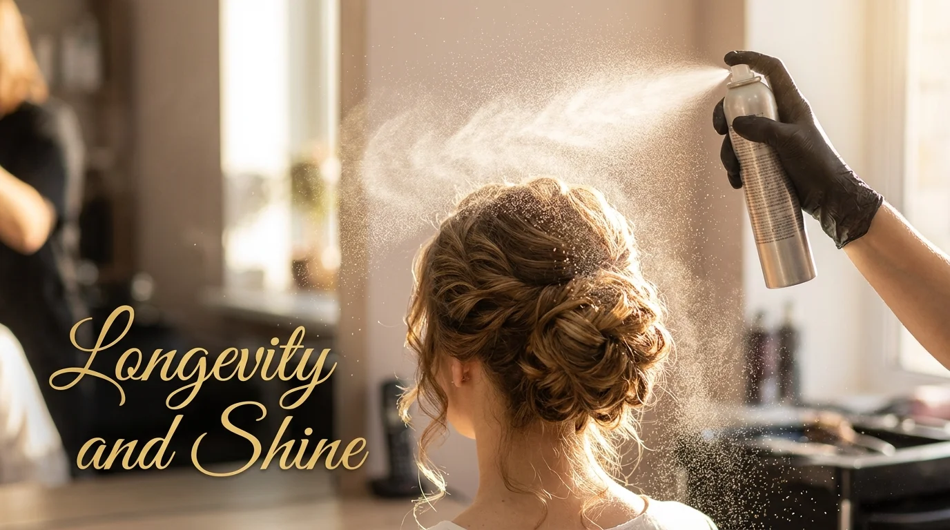 Hairspray being applied to a finished hairstyle for hold.