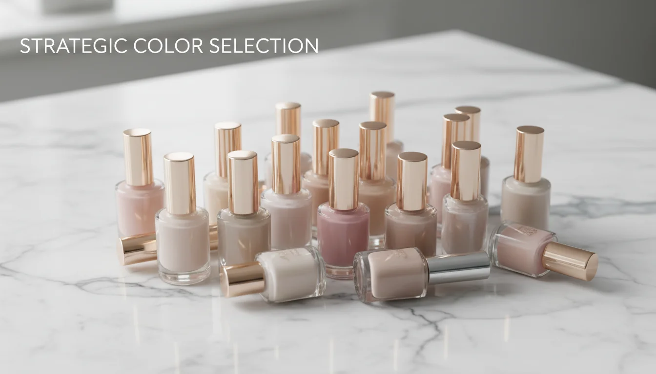 High-end neutral and sheer nail polish bottles on marble.