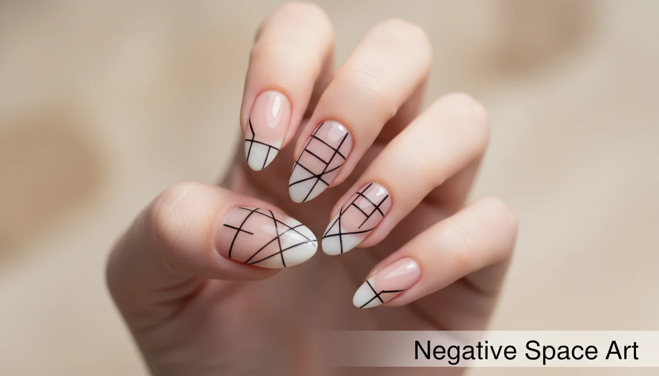 Modern negative space nail art with clear base and geometric designs.