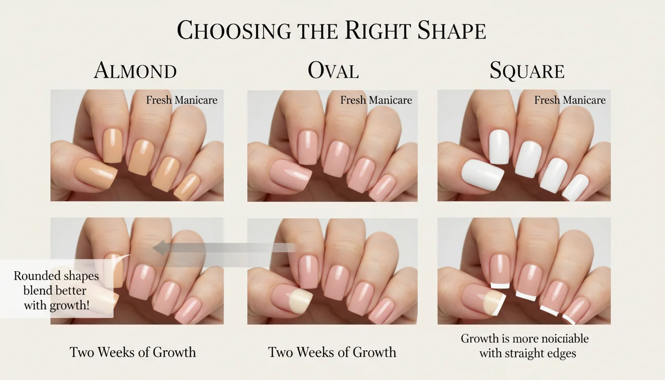 Comparison of almond, oval, and square nail shapes showing growth patterns.