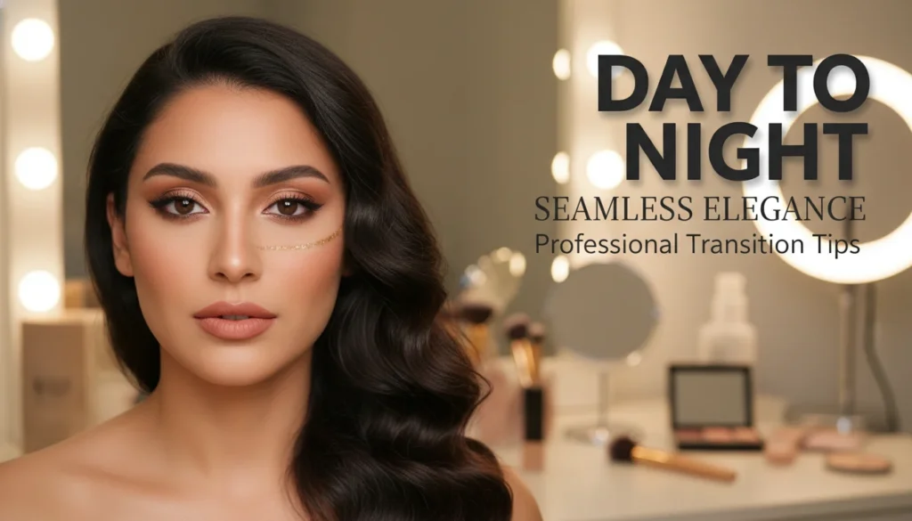A professional woman transitioning her daytime makeup look to an elegant evening style using versatile cosmetics and strategic layering techniques