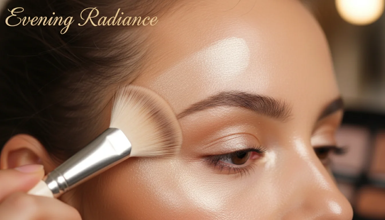 Applying highlighter to the cheekbones for a radiant evening makeup look.