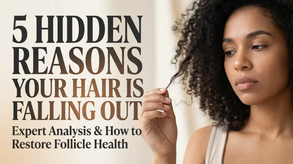 A close-up of a person examining thinning hair in a mirror, representing the hidden medical and environmental reasons for hair loss and follicle damage.