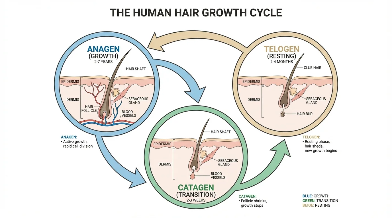 Educational diagram of the three stages of the human hair growth cycle.