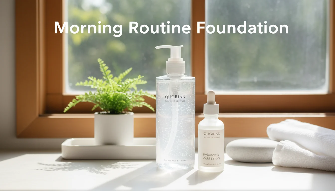 A collection of morning skincare products focused on balancing oil and providing lightweight hydration.