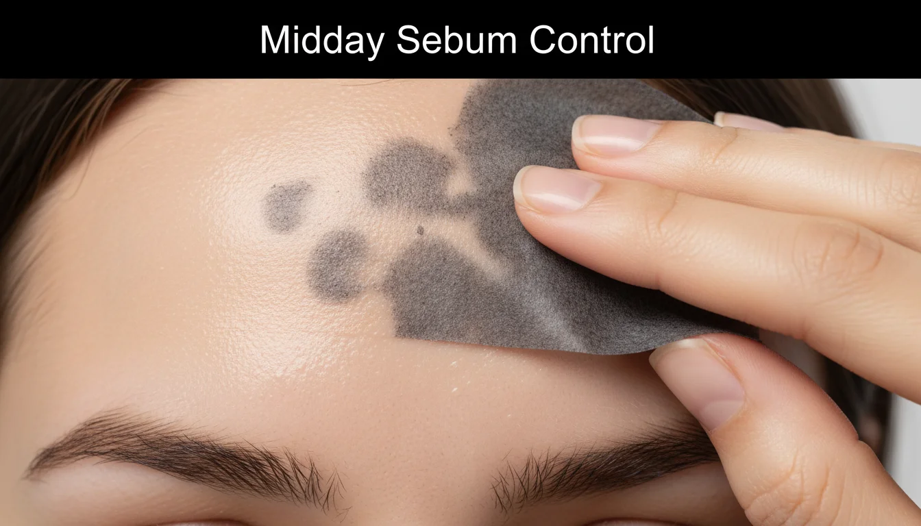 Action shot of a person using blotting paper to remove excess oil from the T-zone area of the face.