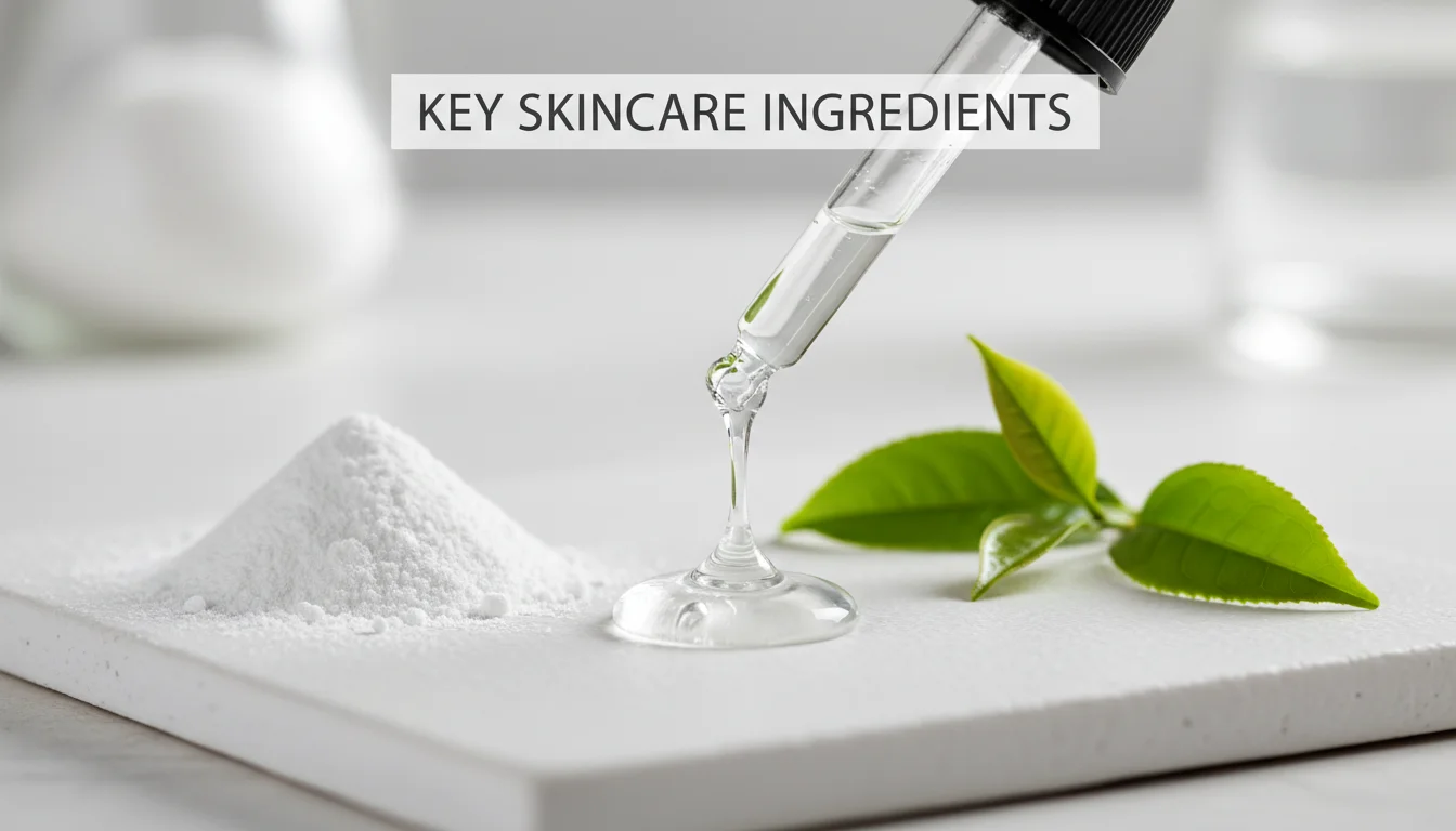 Macro photography of beneficial active ingredients for controlling oily skin including niacinamide and zinc.