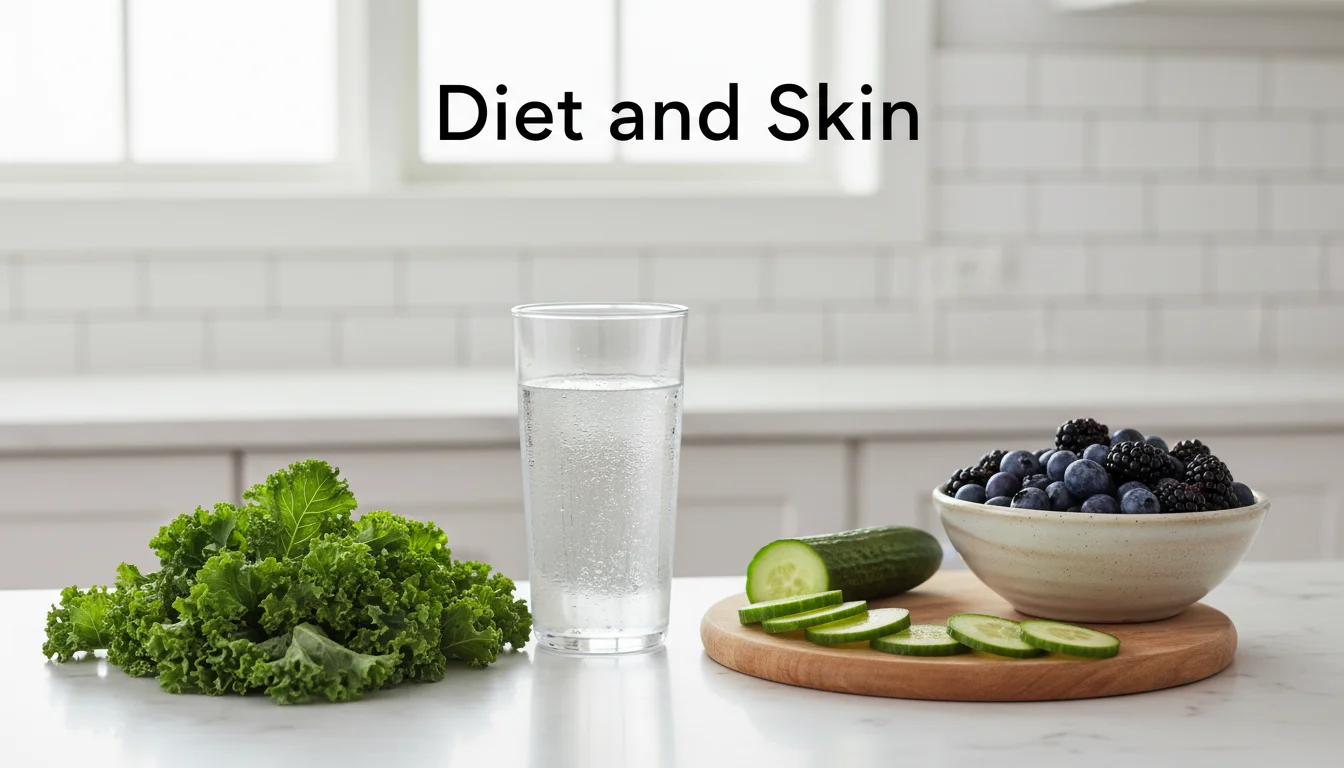 Healthy low-glycemic foods and water representing the internal approach to managing skin oiliness.