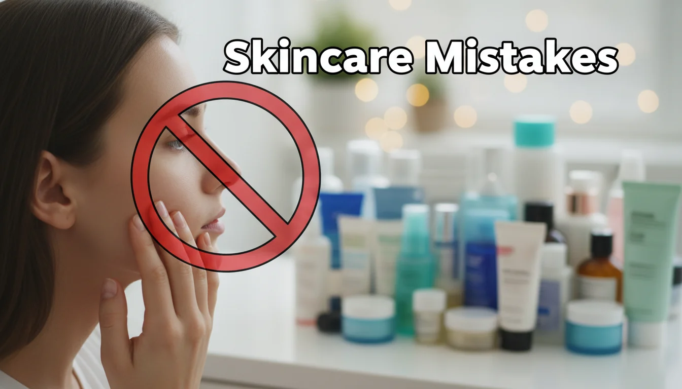 Illustrative image warning against common skincare errors like touching the face or using too many conflicting products.