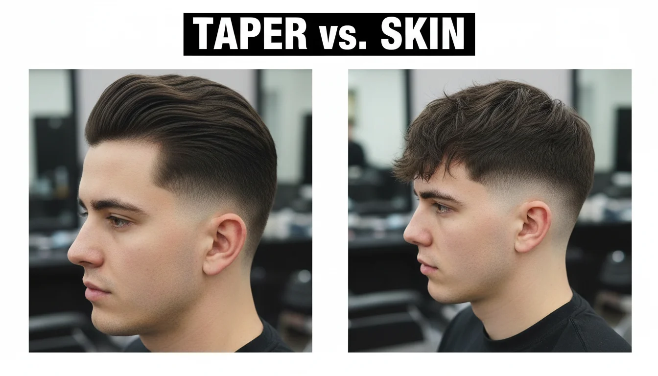 Comparison between a taper fade and a skin fade for men.