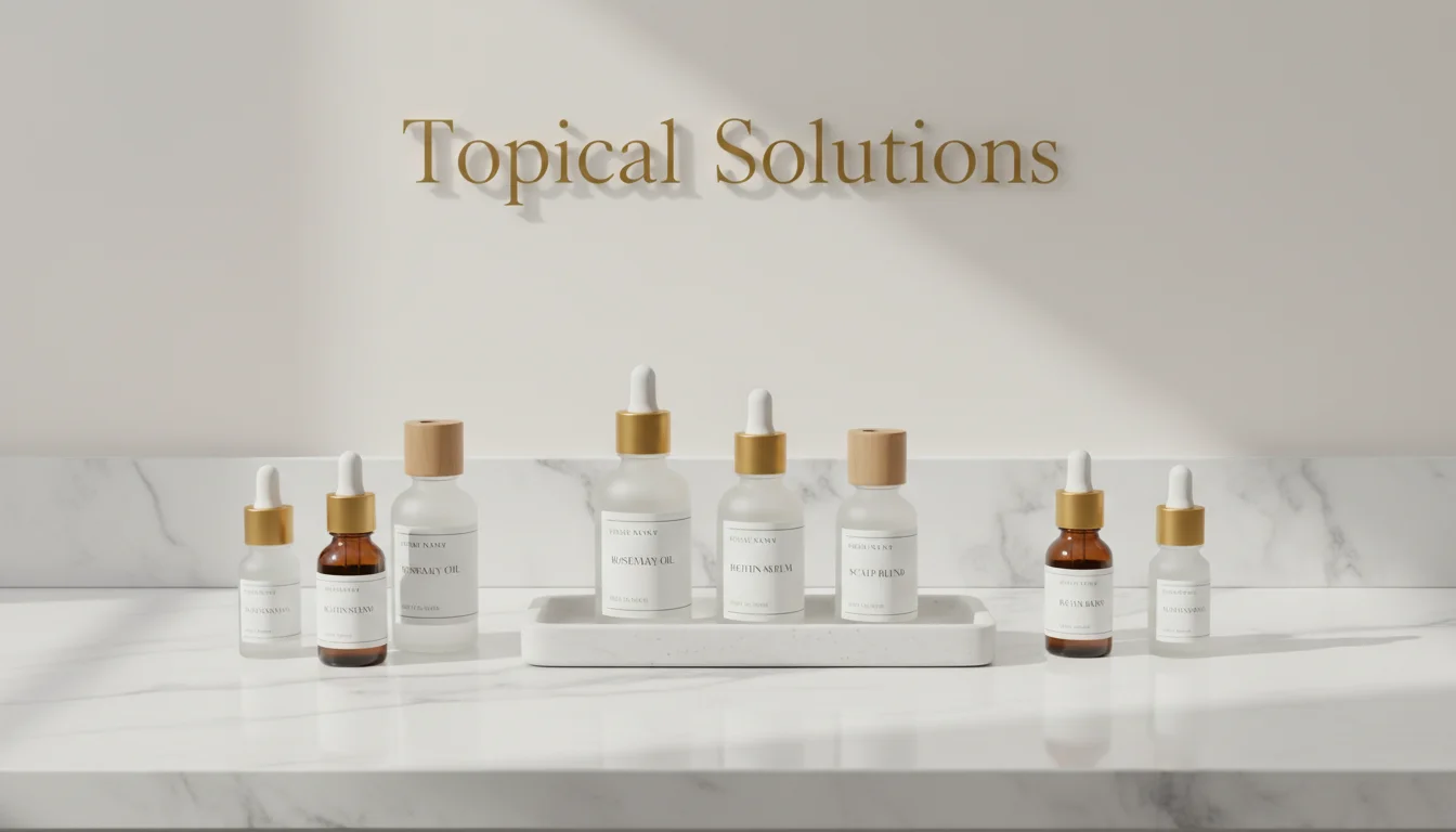 Various hair growth serums and essential oils for topical application.