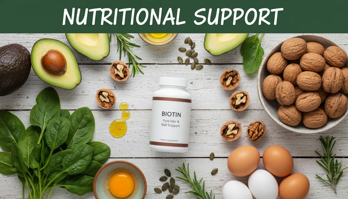 Selection of foods and supplements that support hair health.