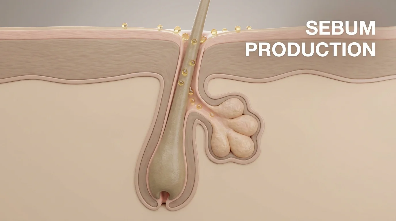 Detailed anatomical 3D diagram of a human hair follicle and the attached sebaceous gland.