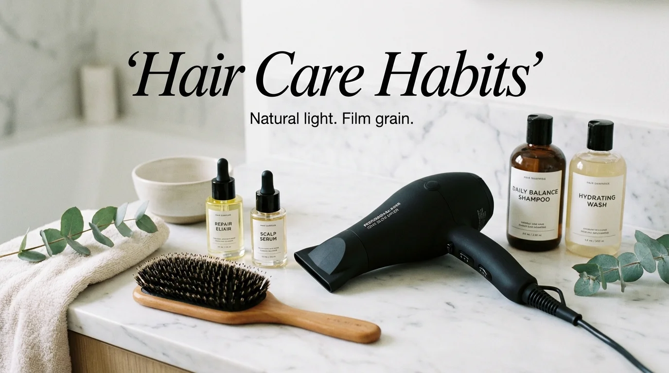 Professional hair care tools and premium products arranged on a clean marble surface.