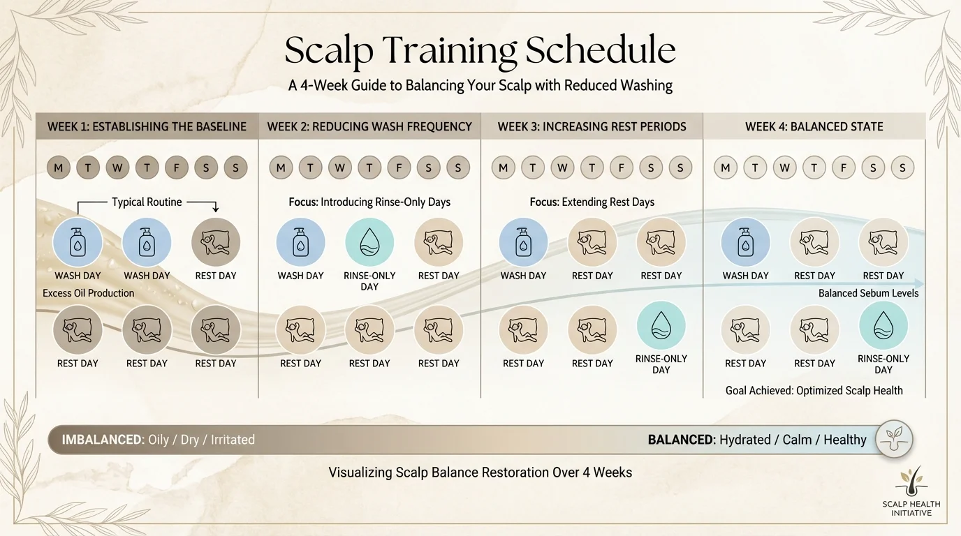 A structured 4-week calendar graphic representing a strategic scalp training schedule for oil control.