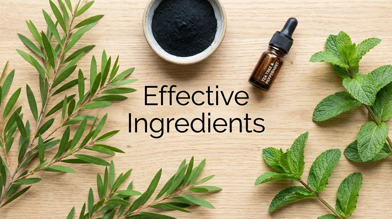Natural ingredients including tea tree, charcoal, and peppermint used for managing an oily scalp.