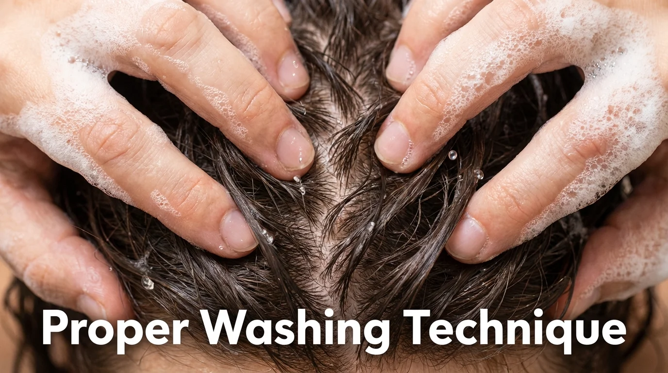 Close-up of a professional technique for massaging shampoo into the scalp using the pads of the fingers.