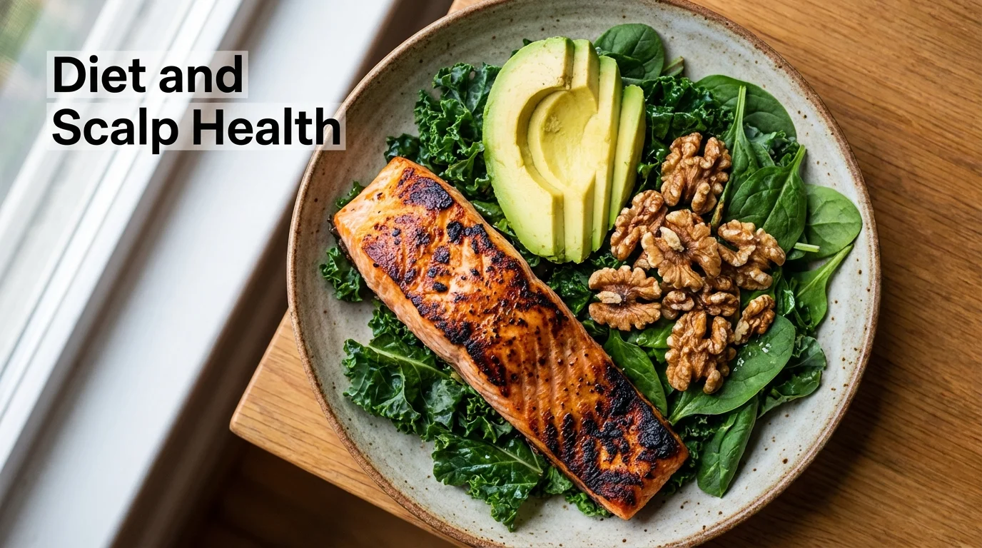 A healthy, nutrient-dense meal featuring salmon, avocado, and nuts that support scalp health and hormone balance.