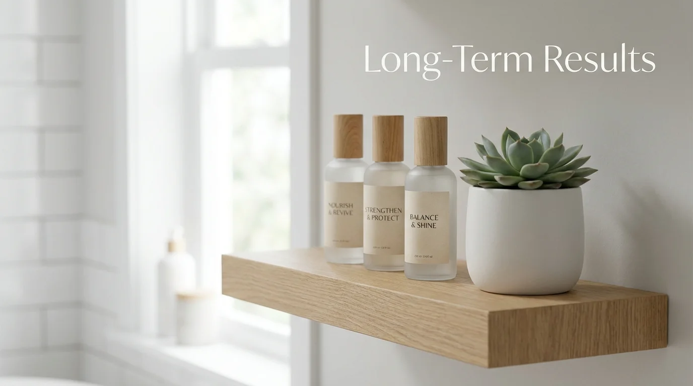 A minimalist and organized bathroom shelf representing a sustainable and effective hair care routine.