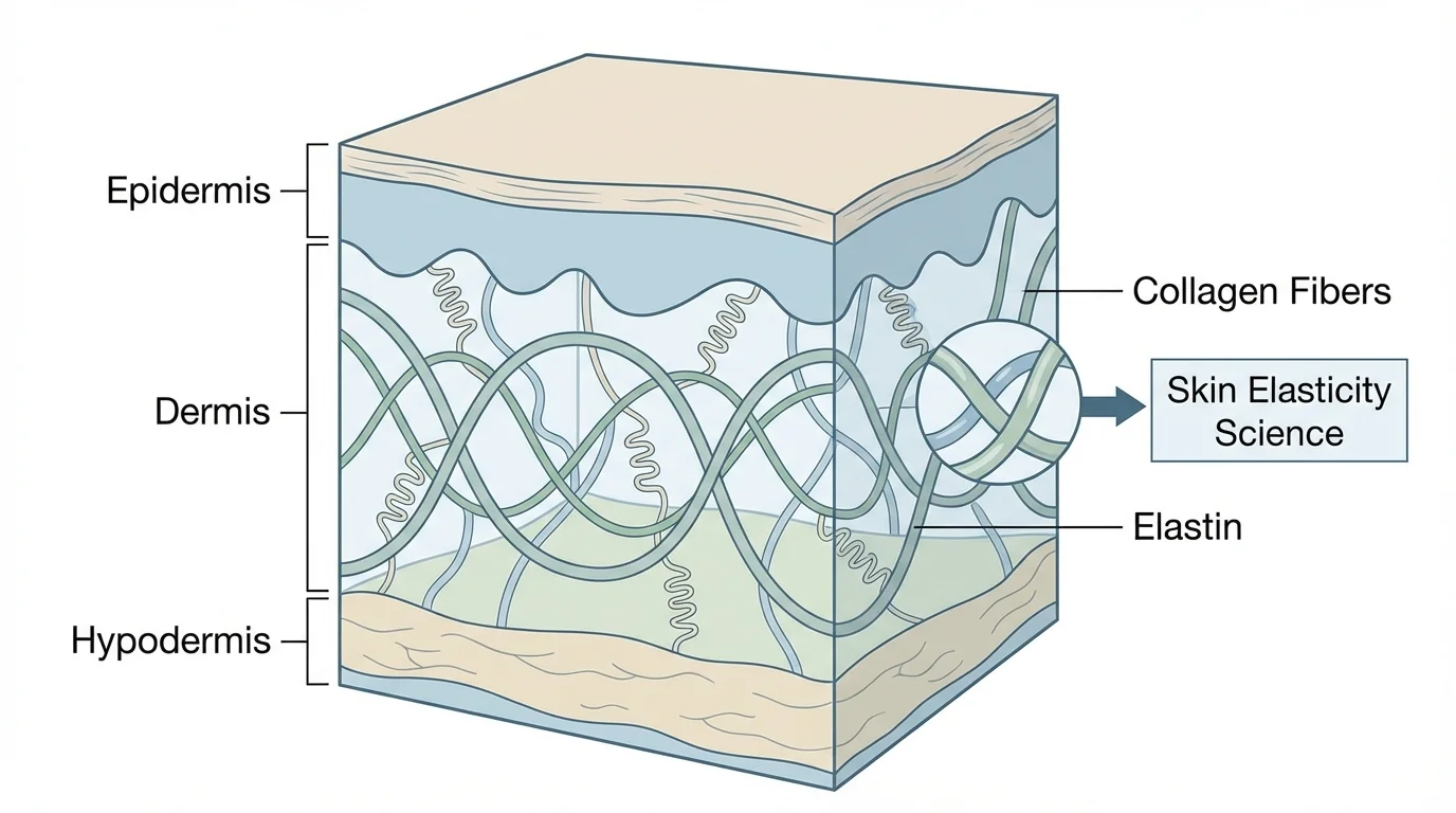 Anatomical diagram of skin layers showing collagen and elastin.