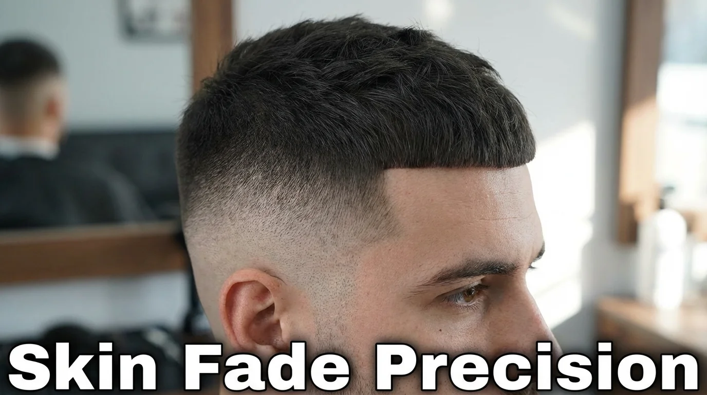 Detailed view of a bald skin fade with a sharp lineup.